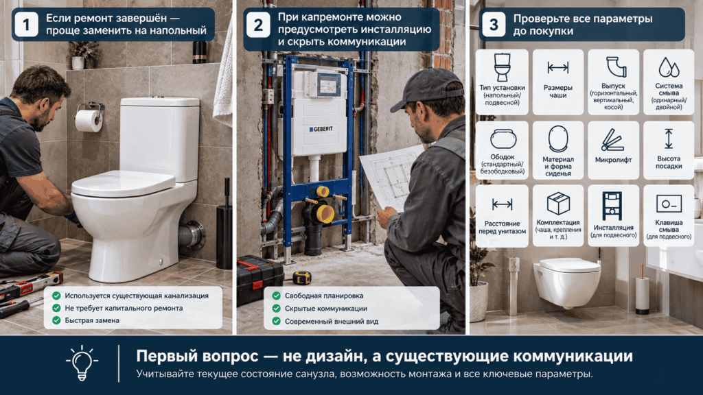 Унитаз напольный и подвесной